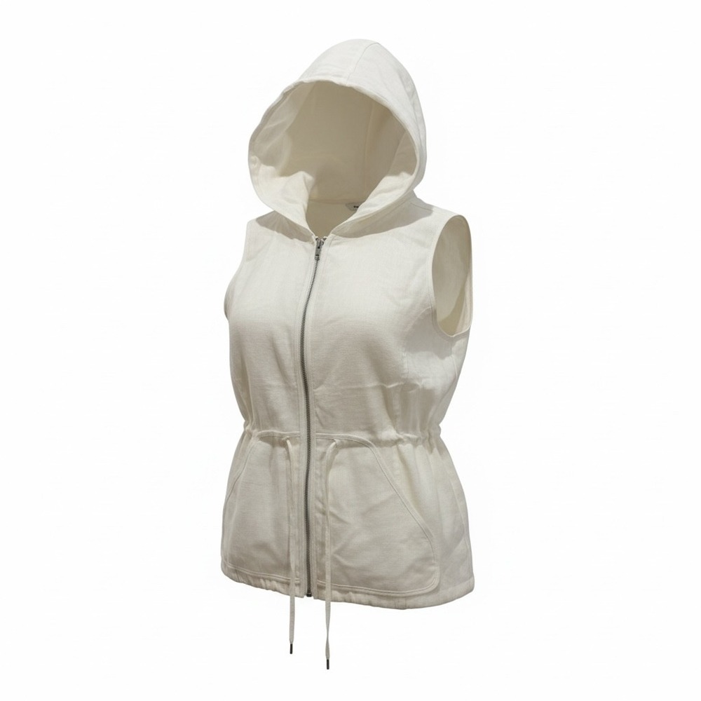 Edward Womens 100% Irish Linen Hooded Zip Up‎ Vest White Drawstring Waist Size M